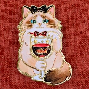 Cute Pink & Brown Cat With Wineglass Enamel Pin
